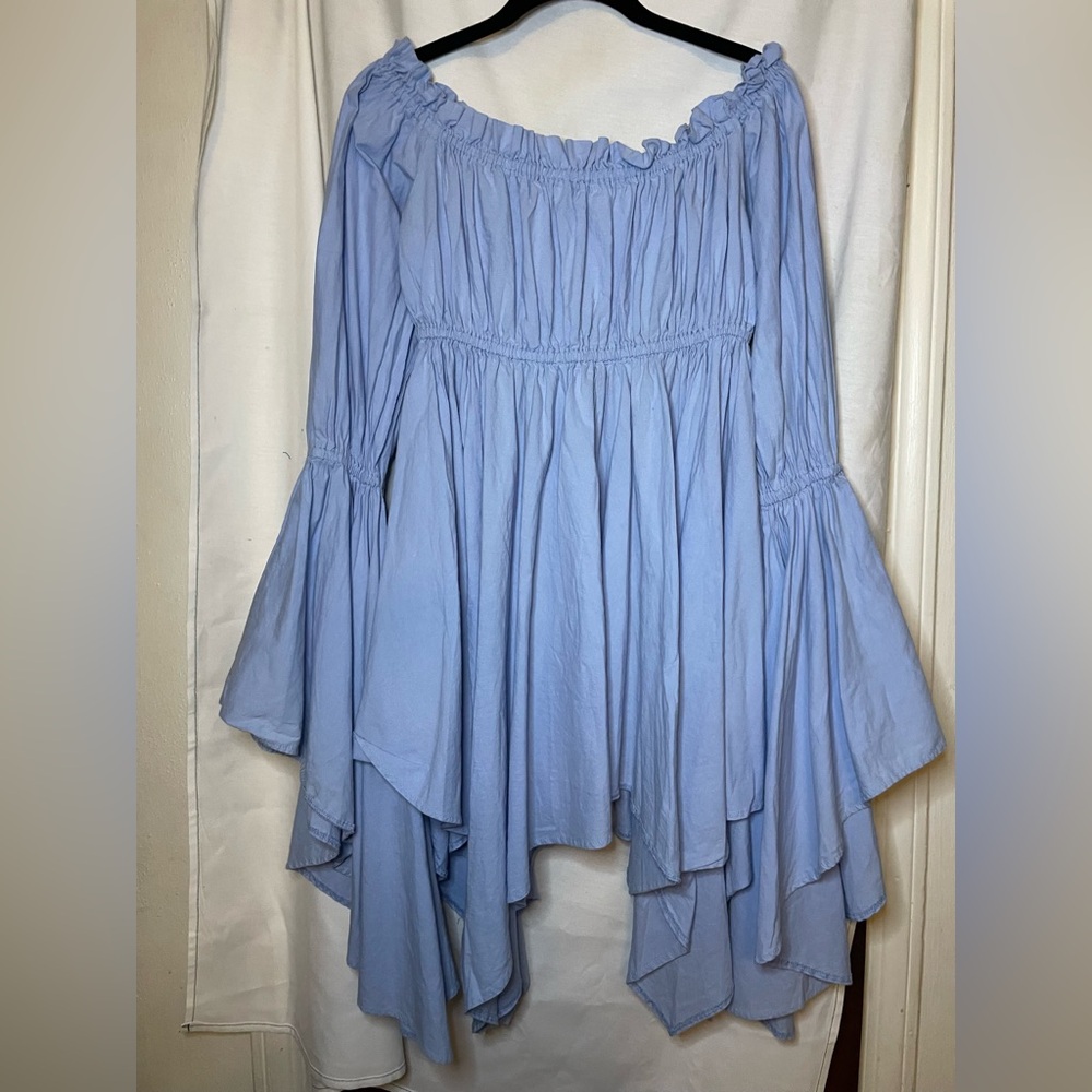 Off the Shoulder Blue High Low Asymmetrical Dress w Statement Sleeves Size M/L